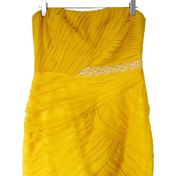 Monique Lhuillier 100% Silk Bright Yellow Beaded Strapless Mini Dress Size 8 - Picture 2 of 11